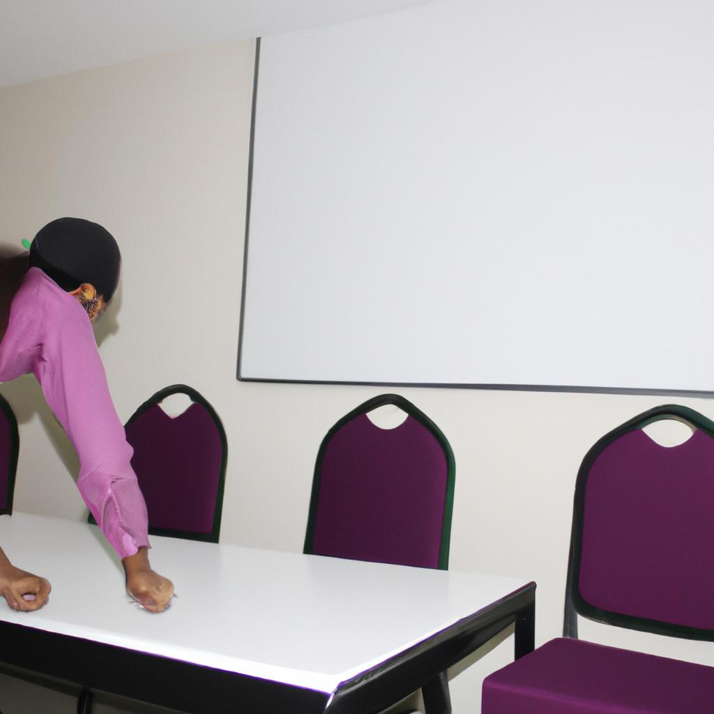 Person setting up conference room