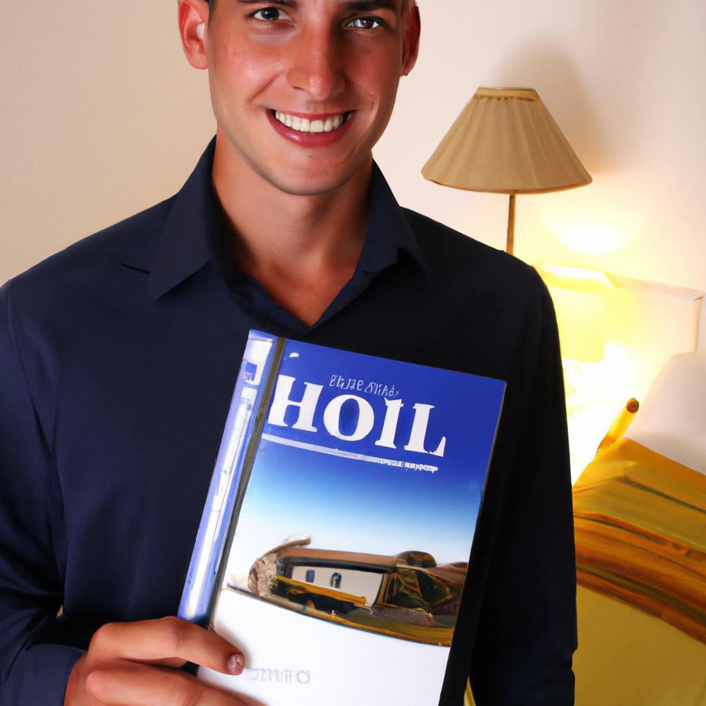Person holding hotel brochure, smiling